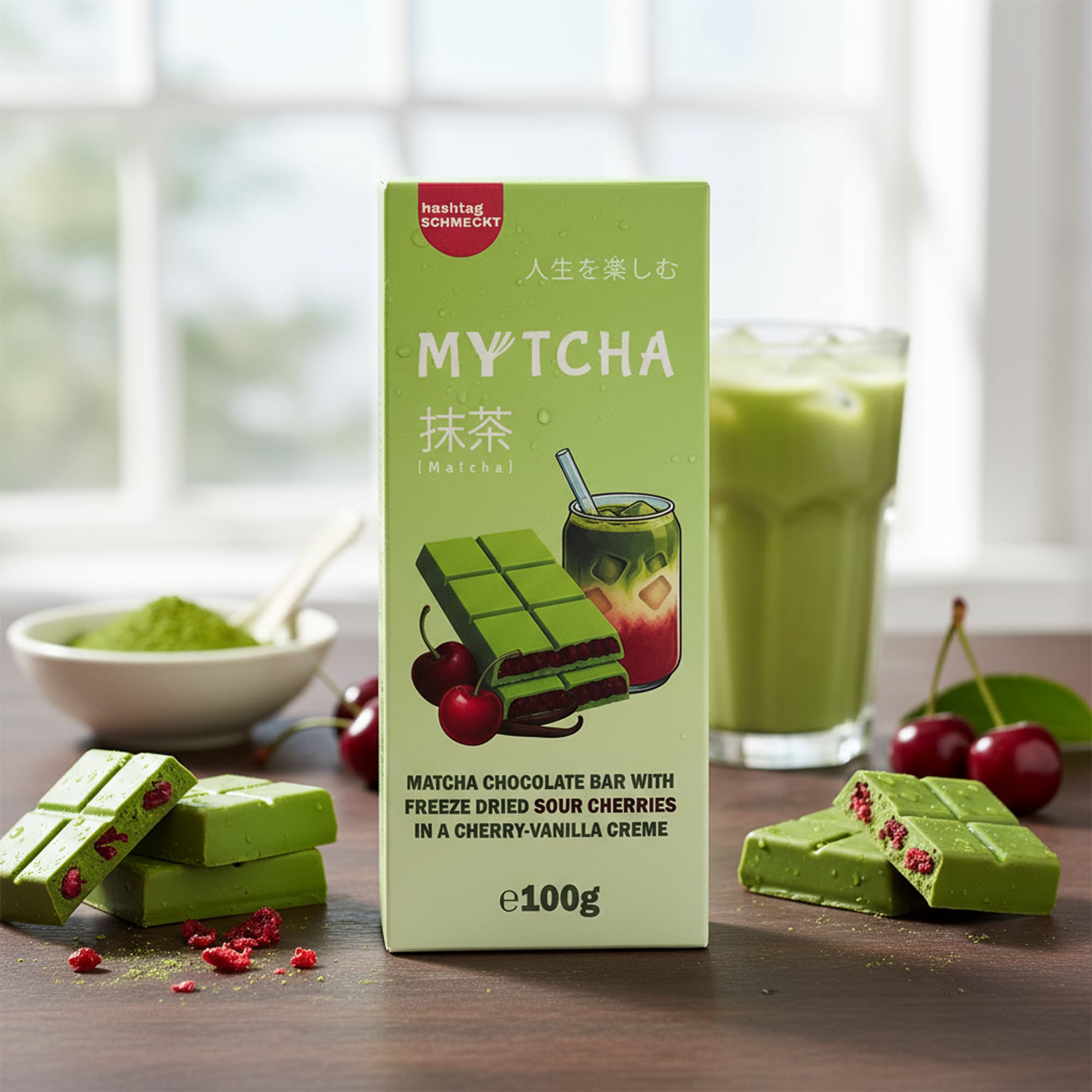 MYTCHA Matcha Sour Cherry (100 g) – Weiße Matcha-Schokolade mit Kirsche & Vanille